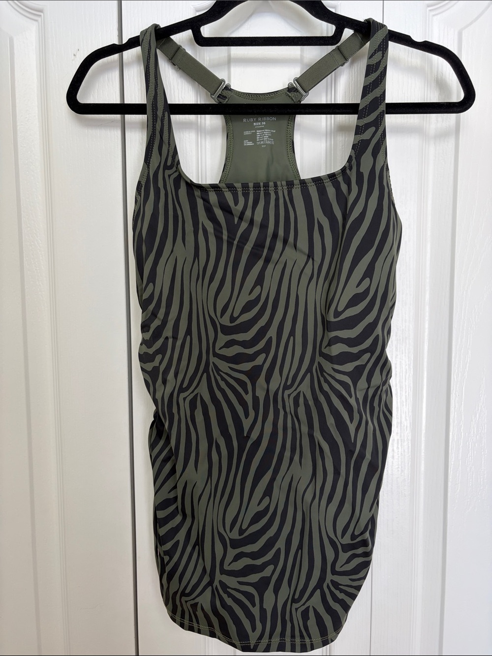 Ruby Ribbon Square Neck Sport Top Olive Green Zebra Print Tank Top Ruched 36